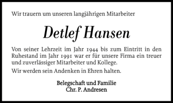 Traueranzeige von Detlef Hansen von Nordfriesland Tageblatt