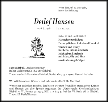 Traueranzeige von Detlef Hansen von Nordfriesland Tageblatt