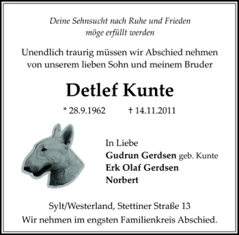 Traueranzeige von Detlef Kunte von Sylter Rundschau