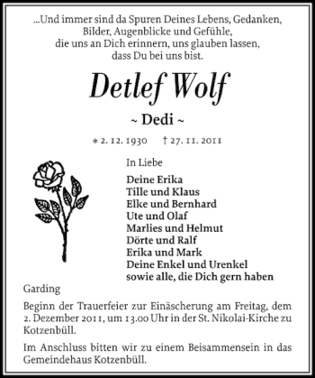 Traueranzeige von Detlef Wolf von Husumer Nachrichten