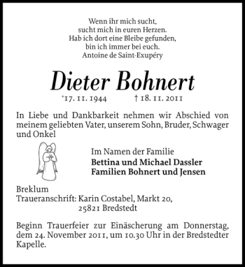 Traueranzeige von Dieter Bohnert von Husumer Nachrichten