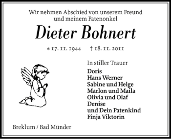 Traueranzeige von Dieter Bohnert von Husumer Nachrichten
