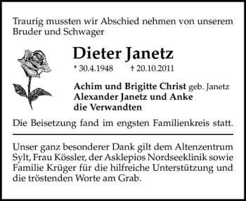 Traueranzeige von Dieter Janetz von Sylter Rundschau