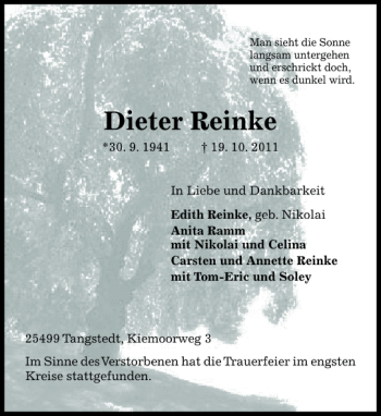Traueranzeige von Dieter Reinke von Pinneberger Tageblatt