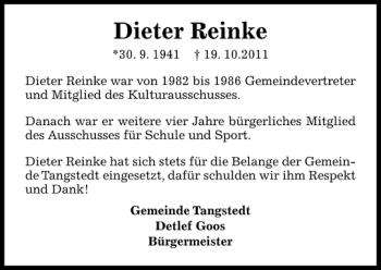Traueranzeige von Dieter Reinke von Pinneberger Tageblatt