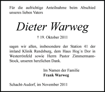 Traueranzeige von Dieter Warweg von Landeszeitung