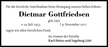 Traueranzeige von Dietmar Gottfriedsen von Holsteinischer Courier