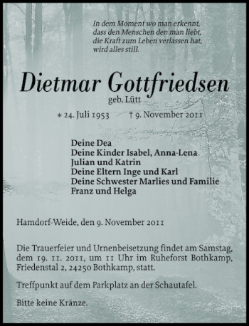 Traueranzeige von Dietmar Gottfriedsen von Landeszeitung