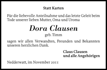 Traueranzeige von Dora Clausen von Schleswiger Nachrichten