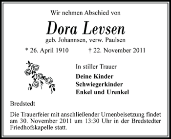Traueranzeige von Dora Levsen von Husumer Nachrichten