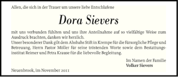 Traueranzeige von Dora Sievers von Norddeutsche Rundschau