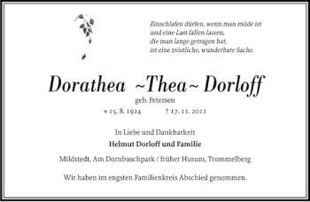 Traueranzeige von Dorathea Thea Dorloff von Husumer Nachrichten