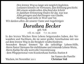 Traueranzeige von Dorothea Becker von Norddeutsche Rundschau