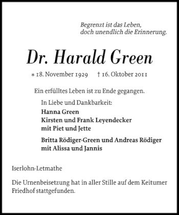 Traueranzeige von Dr. Harald Green von Sylter Rundschau
