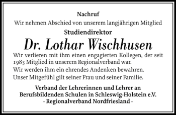 Traueranzeige von Dr. Lothar Wischhusen von Husumer Nachrichten