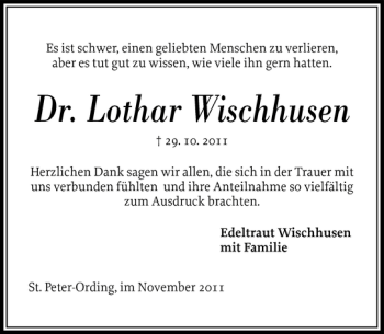 Traueranzeige von Dr. Lothar Wischhusen von Husumer Nachrichten