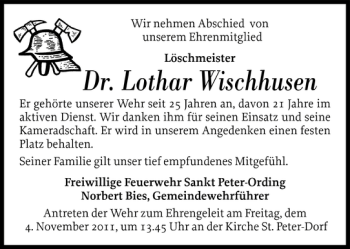 Traueranzeige von Dr. Lothar Wischhusen von Husumer Nachrichten