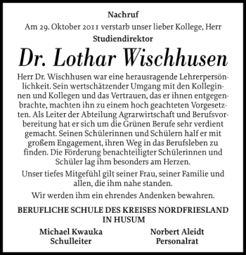 Traueranzeige von Dr. Lothar Wischhusen von Husumer Nachrichten