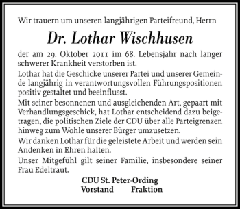 Traueranzeige von Dr. Lothar Wischhusen von Husumer Nachrichten