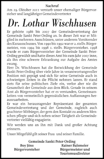 Traueranzeige von Dr. Lothar Wischhusen von Husumer Nachrichten