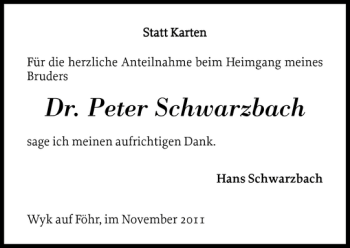 Traueranzeige von Dr. Peter Schwarzbach von Der Insel-Bote