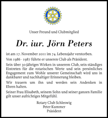 Traueranzeige von Dr. iur. Jörn Peters von Flensburger Tageblatt