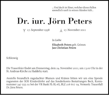 Traueranzeige von Dr. iur. Jörn Peters von Flensburger Tageblatt