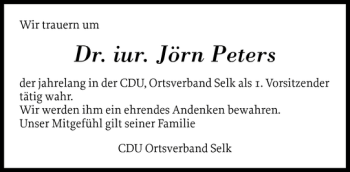 Traueranzeige von Dr. iur. Jörn Peters von Schleswiger Nachrichten