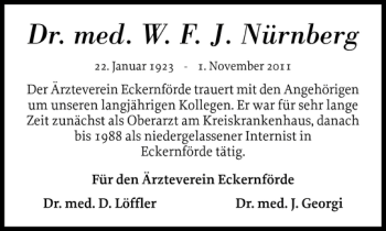 Traueranzeige von Dr. med. W. F. J. Nürnberg  von Eckernförder Zeitung