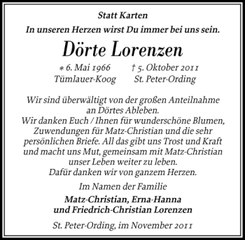Traueranzeige von Dörte Lorenzen von Husumer Nachrichten
