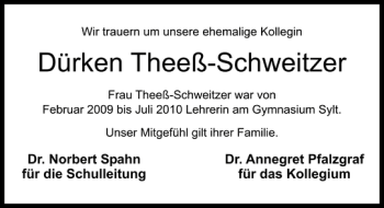 Traueranzeige von Dürken Theeß-Schweitzer von Sylter Rundschau