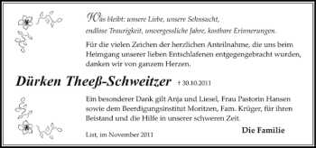 Traueranzeige von Dürken Theeß-Schweitzer von Sylter Rundschau