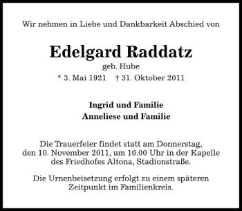 Traueranzeige von Edelgard Raddatz von Pinneberger Tageblatt