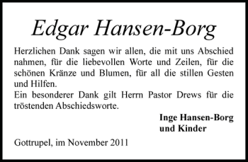 Traueranzeige von Edgar Hansen-Borg von Flensburger Tageblatt