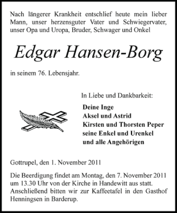 Traueranzeige von Edgar Hansen-Borg von Flensburger Tageblatt