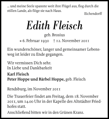 Traueranzeige von Edith Fleisch von Landeszeitung