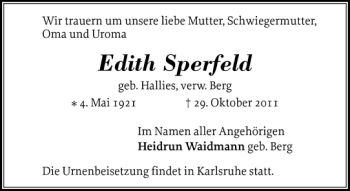 Traueranzeige von Edith Sperfeld von Holsteinischer Courier