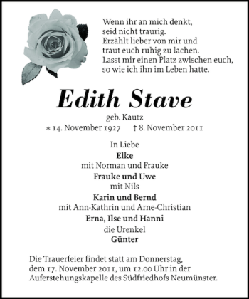 Traueranzeige von Edith Stave von Holsteinischer Courier
