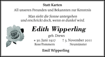 Traueranzeige von Edith Wipperling von Holsteinischer Courier