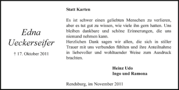 Traueranzeige von Edna Ueckerseifer von Landeszeitung