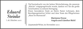 Traueranzeige von Eduard Steinke von Norddeutsche Rundschau