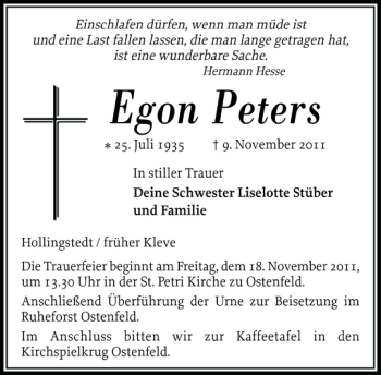 Traueranzeige von Egon Peters von Husumer Nachrichten