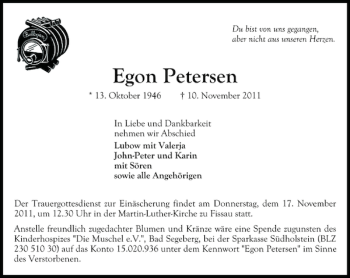 Traueranzeige von Egon Petersen von Ostholsteiner Anzeiger