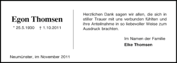 Traueranzeige von Egon Thomsen von Holsteinischer Courier