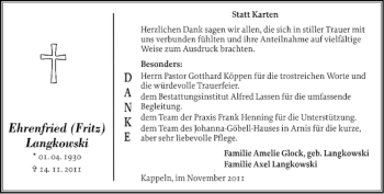 Traueranzeige von Ehrenfried Fritz Langkowski von Schlei-Bote