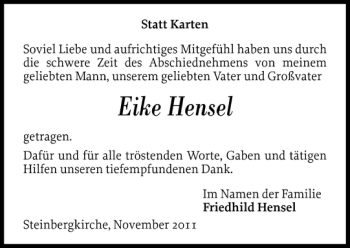 Traueranzeige von Eike Hensel von Flensburger Tageblatt