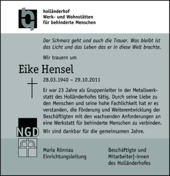 Traueranzeige von Eike Hensel von Flensburger Tageblatt