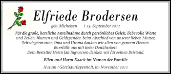 Traueranzeige von Elfriede Brodersen von Flensburger Tageblatt