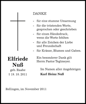 Traueranzeige von Elfriede Nuß von Pinneberger Tageblatt