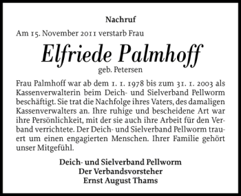 Traueranzeige von Elfriede Palmhoff von Husumer Nachrichten